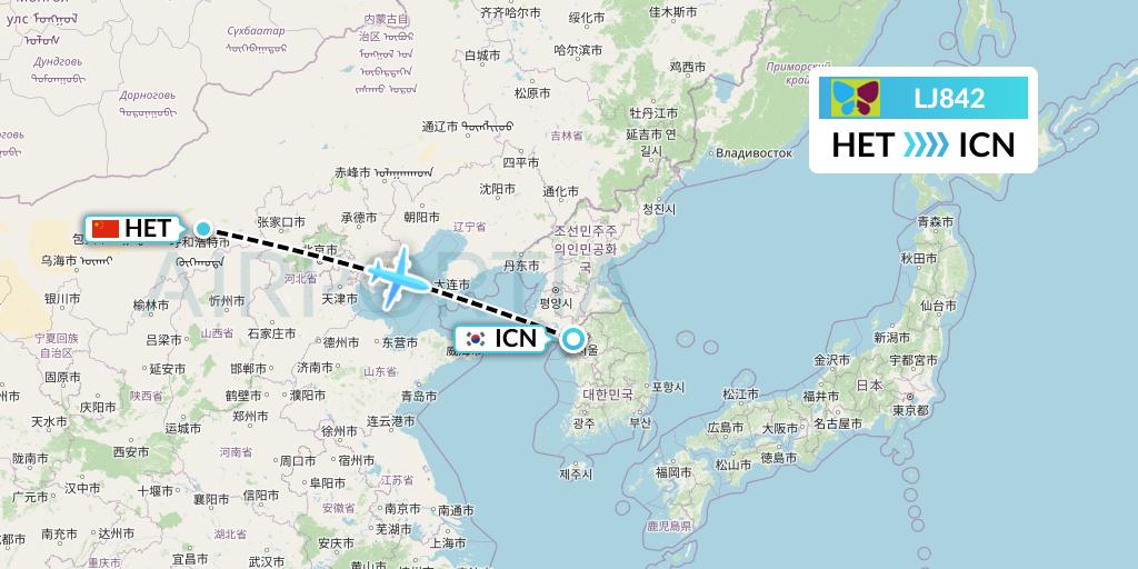LJ842 Jin Air Flight Map: Hohhot to Seoul