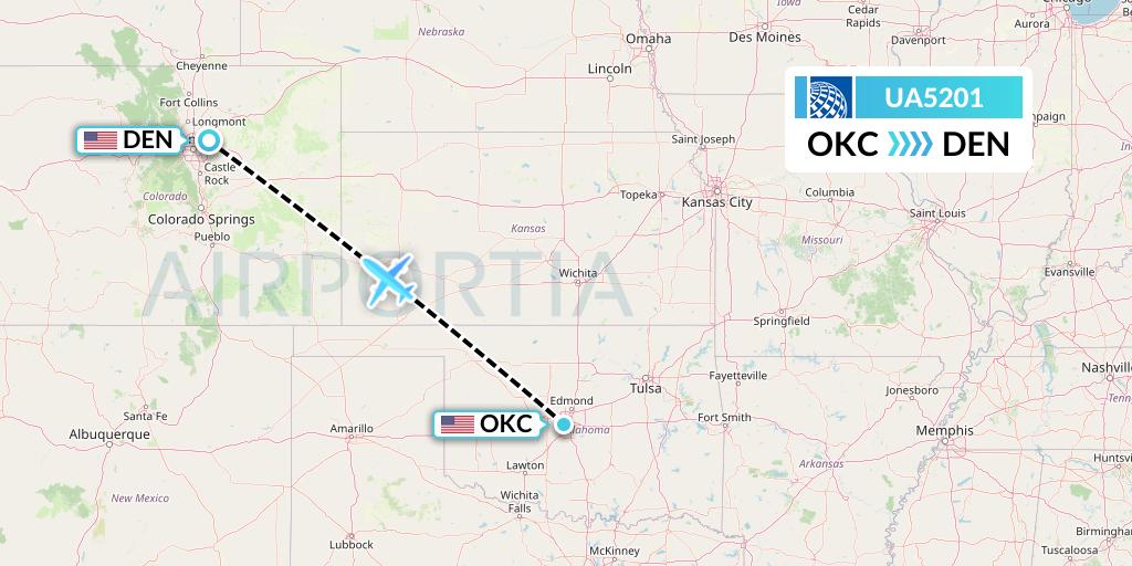 UA5201 United Airlines Flight Map: Oklahoma City to Denver