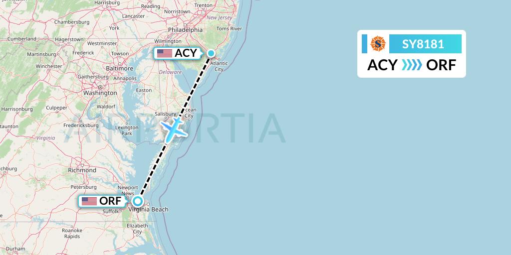 SY8181 Sun Country Airlines Flight Map: Atlantic City to Norfolk