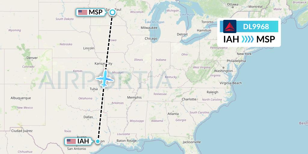 DL9968 Delta Air Lines Flight Map: Houston to Minneapolis