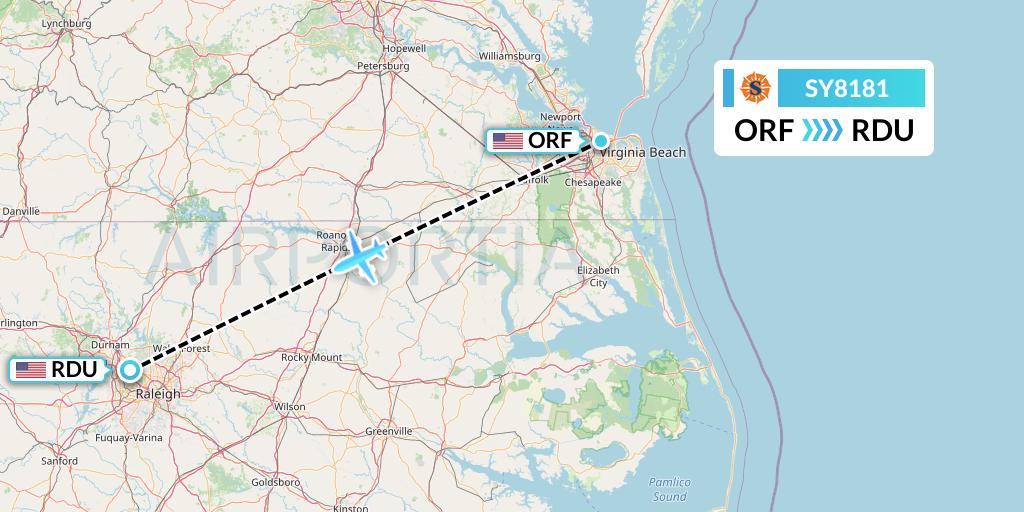 SY8181 Sun Country Airlines Flight Map: Norfolk to Raleigh-Durham