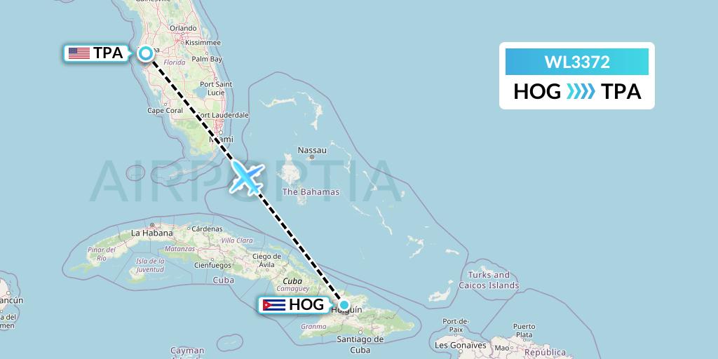 WL3372 World Atlantic Airlines Flight Map: Holguin to Tampa