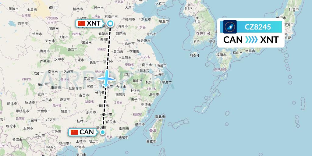 CZ8245 China Southern Airlines Flight Map: Guangzhou to Xingtai