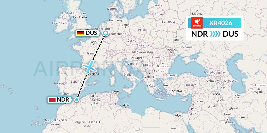 XR4026 Corendon Airlines Europe Flight Map: Nador to Dusseldorf