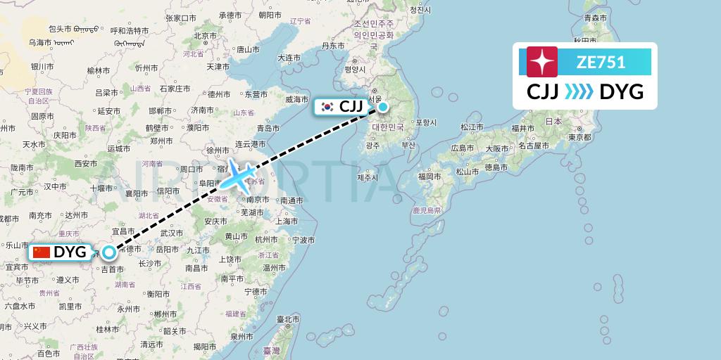 ZE751 Eastar Jet Flight Map: Cheongju to Dayong