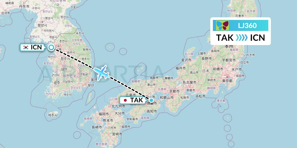 LJ360 Jin Air Flight Map: Takamatsu to Seoul