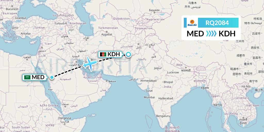 RQ2084 Kam Air Flight Map: Medina to Kandahar