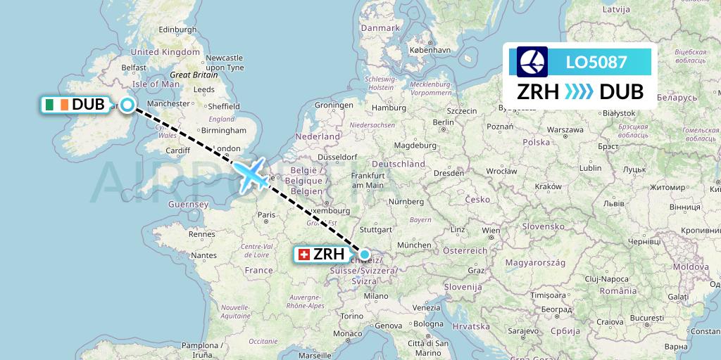LO5087 LOT Flight Map: Zurich to Dublin