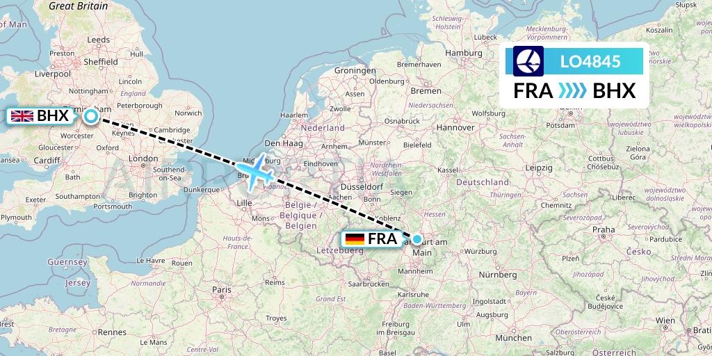 LO4845 LOT Flight Map: Frankfurt to Birmingham