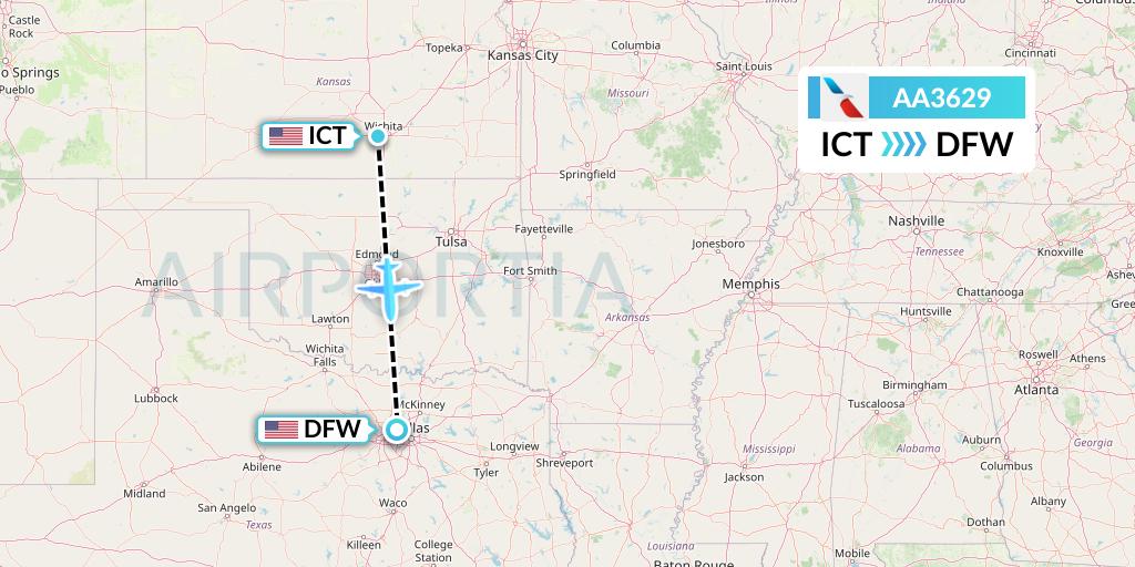 AA3629 American Airlines Flight Map: Wichita to Dallas