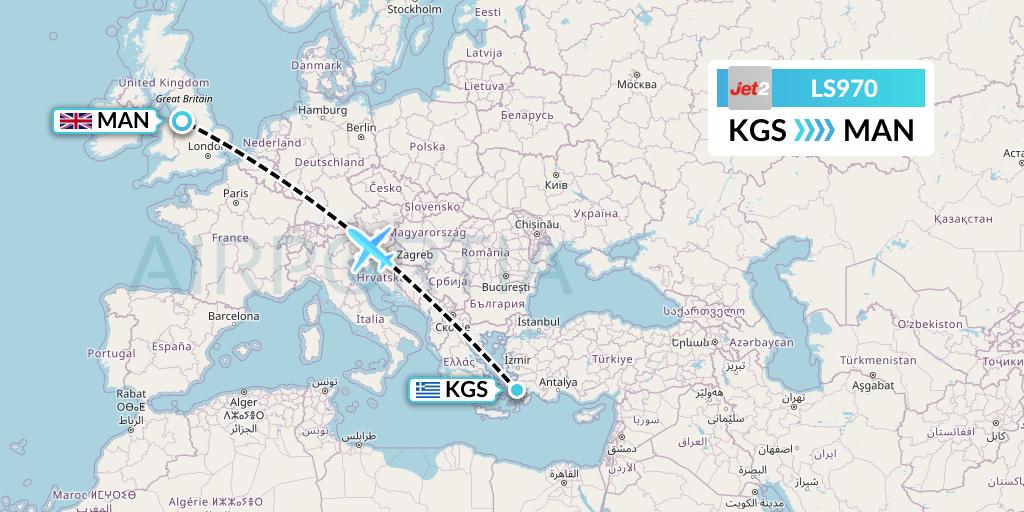 LS970 Jet2 Flight Map: Kos to Manchester