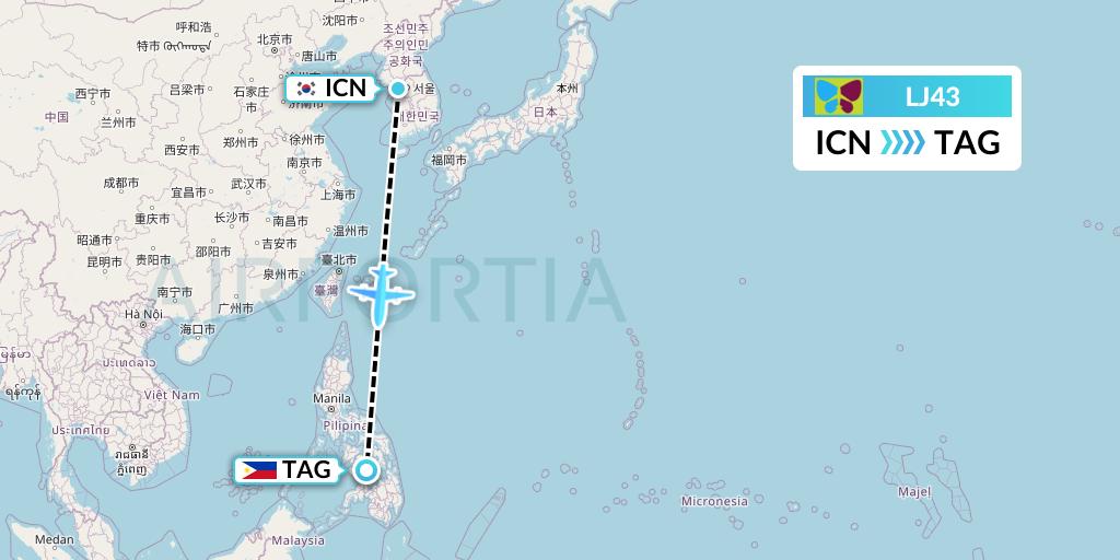 LJ43 Jin Air Flight Map: Seoul to Tagbilaran City