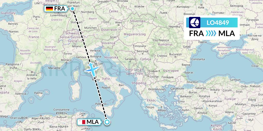 LO4849 LOT Flight Map: Frankfurt to Malta