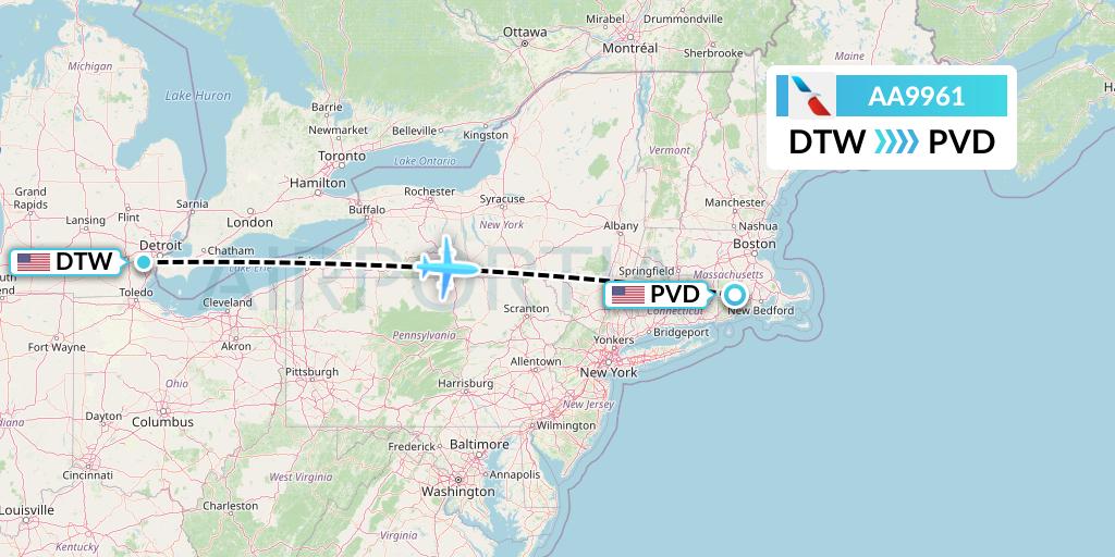 AA9961 American Airlines Flight Map: Detroit to Providence