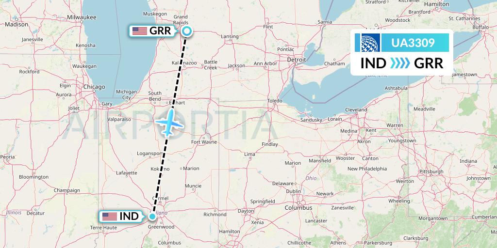UA3309 United Airlines Flight Map: Indianapolis to Grand Rapids
