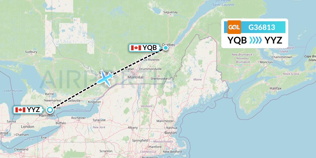 G36813 GOL Transportes Aeros Flight Map: Quebec to Toronto