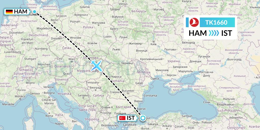 TK1660 Turkish Airlines Flight Map: Hamburg to Istanbul