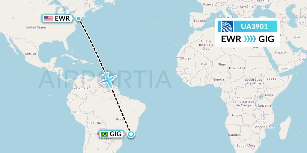 UA3901 United Airlines Flight Map: New York to Rio de Janeiro