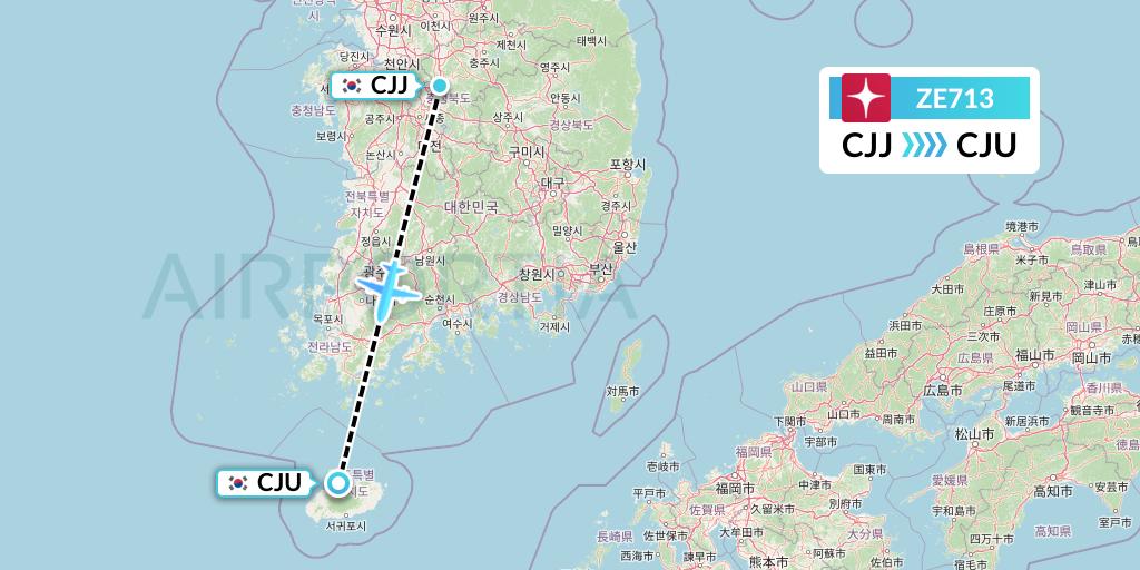ZE713 Eastar Jet Flight Map: Cheongju to Jeju