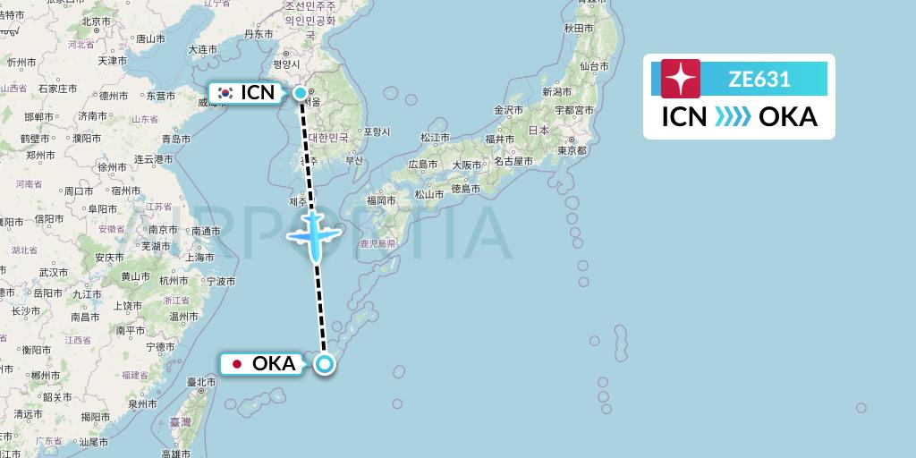 ZE631 Eastar Jet Flight Map: Seoul to Naha