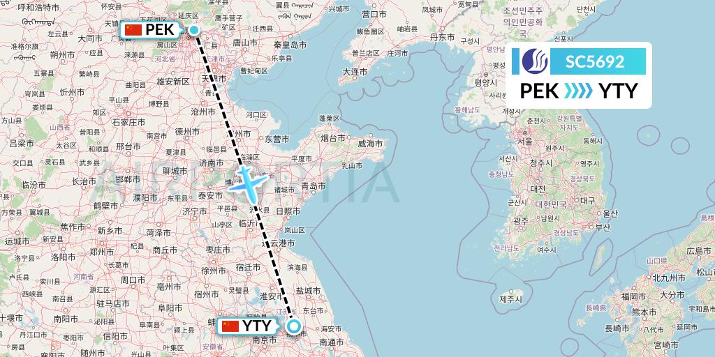 SC5692 Shandong Airlines Flight Map: Beijing to Yangzhou