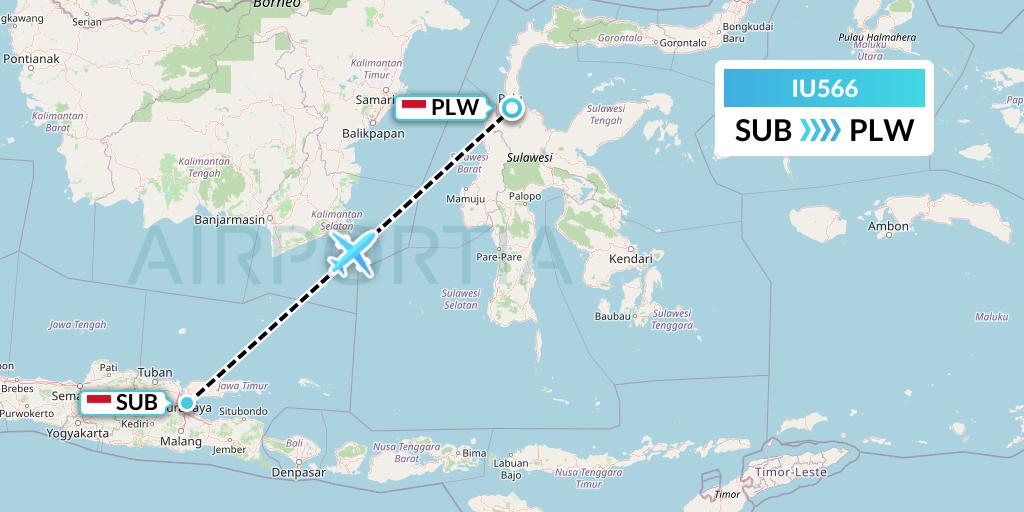 IU566 Pt. Super Air Jet Flight Map: Surabaya to Palu