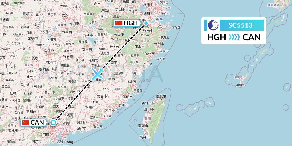 SC5513 Shandong Airlines Flight Map: Hangzhou to Guangzhou