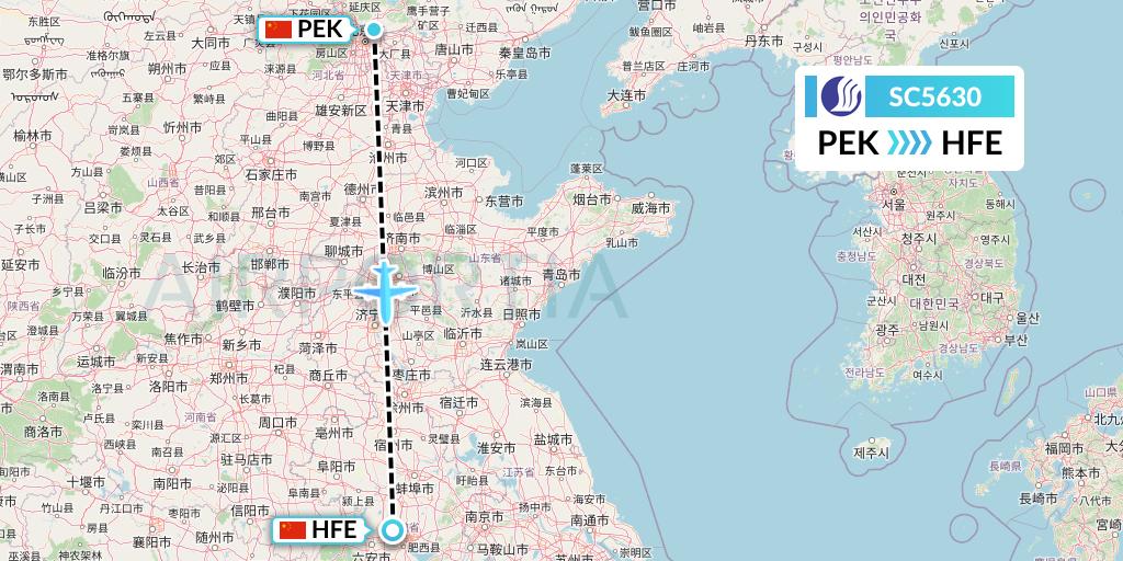 SC5630 Shandong Airlines Flight Map: Beijing to Hefei