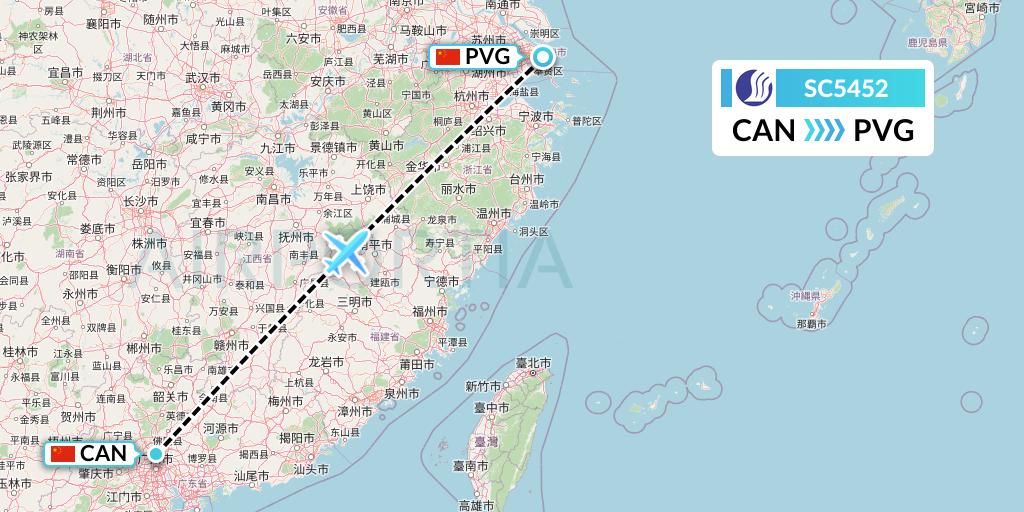 SC5452 Shandong Airlines Flight Map: Guangzhou to Shanghai