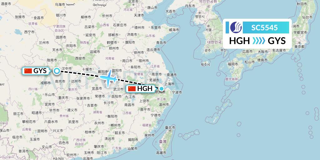 SC5545 Shandong Airlines Flight Map: Hangzhou to Guangyuan
