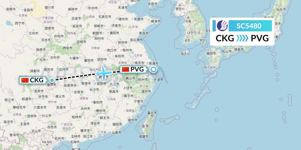 SC5480 Shandong Airlines Flight Map: Chongqing to Shanghai