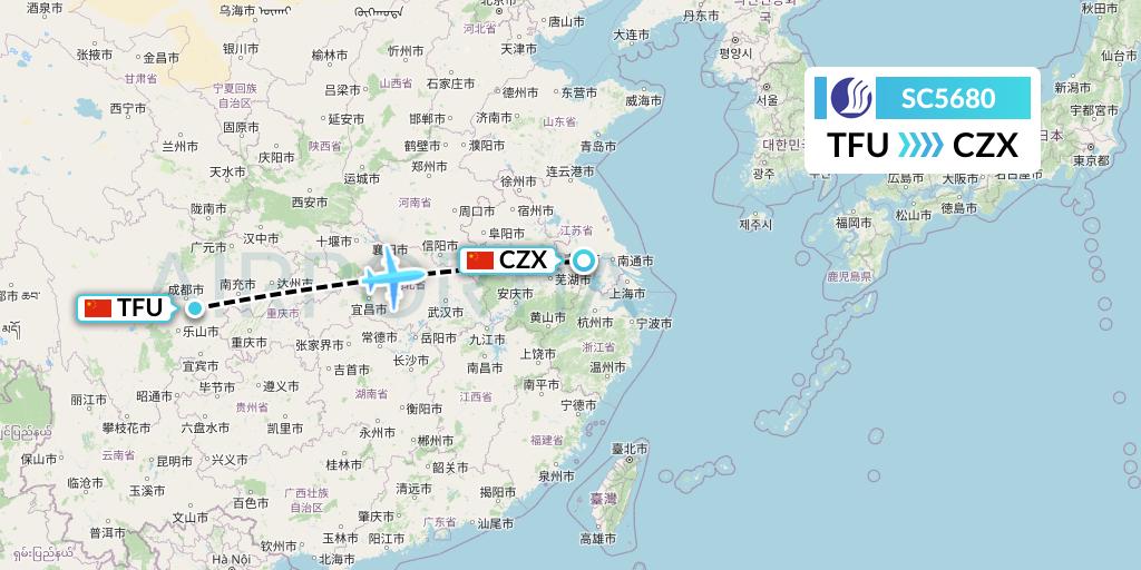 SC5680 Shandong Airlines Flight Map: Chengdu to Changzhou