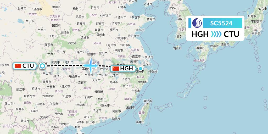 SC5524 Shandong Airlines Flight Map: Hangzhou to Chengdu