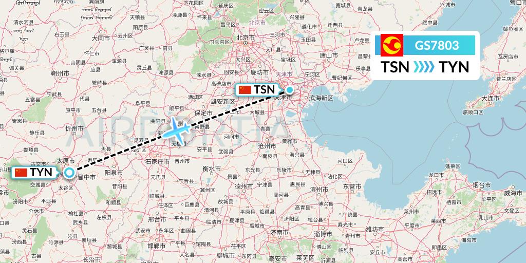 GS7803 Tianjin Airlines Flight Map: Tianjin to Taiyuan