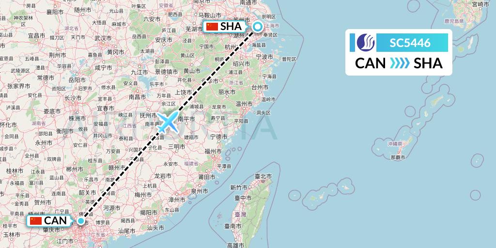 SC5446 Shandong Airlines Flight Map: Guangzhou to Shanghai