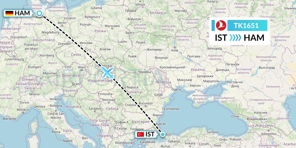 TK1651 Turkish Airlines Flight Map: Istanbul to Hamburg