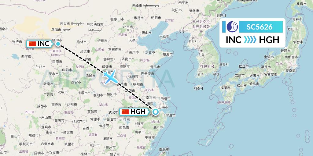 SC5626 Shandong Airlines Flight Map: Yinchuan to Hangzhou