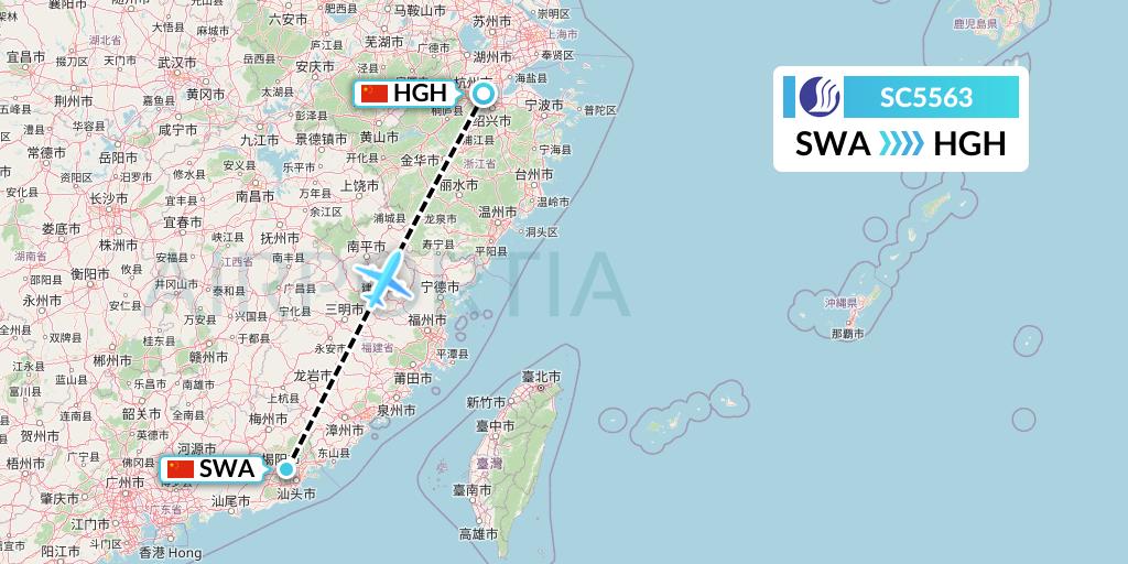 SC5563 Shandong Airlines Flight Map: Jieyang to Hangzhou