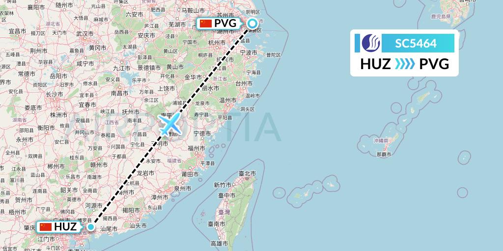SC5464 Shandong Airlines Flight Map: Huizhou to Shanghai