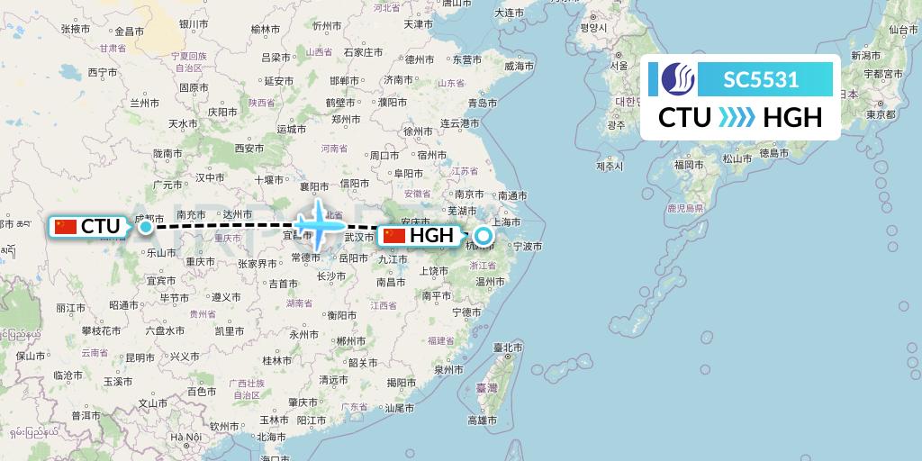 SC5531 Shandong Airlines Flight Map: Chengdu to Hangzhou
