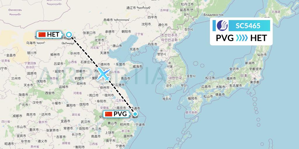 SC5465 Shandong Airlines Flight Map: Shanghai to Hohhot