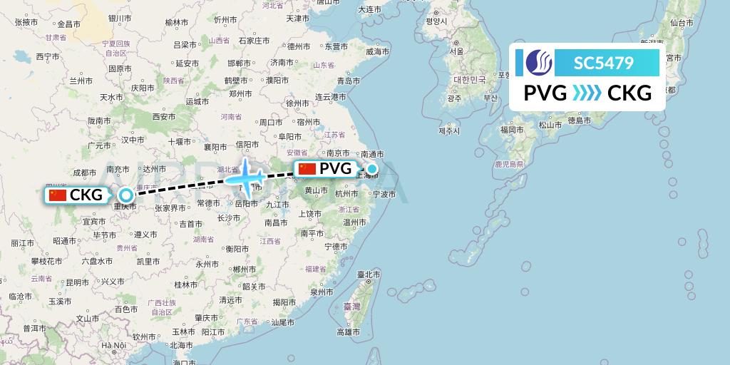 SC5479 Shandong Airlines Flight Map: Shanghai to Chongqing