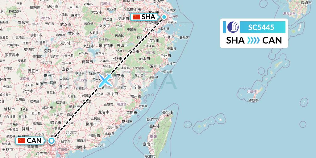 SC5445 Shandong Airlines Flight Map: Shanghai to Guangzhou