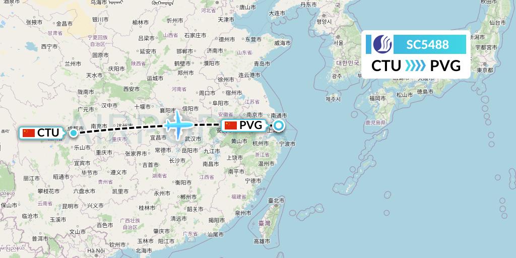 SC5488 Shandong Airlines Flight Map: Chengdu to Shanghai