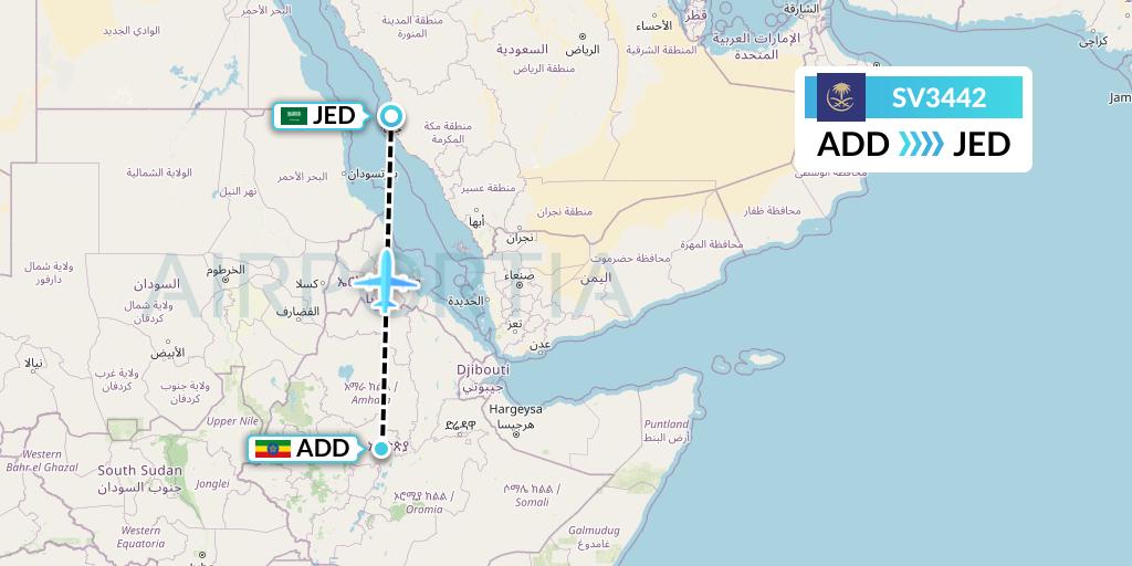 SV3442 Saudi Arabian Airlines Flight Map: Addis Ababa to Jeddah