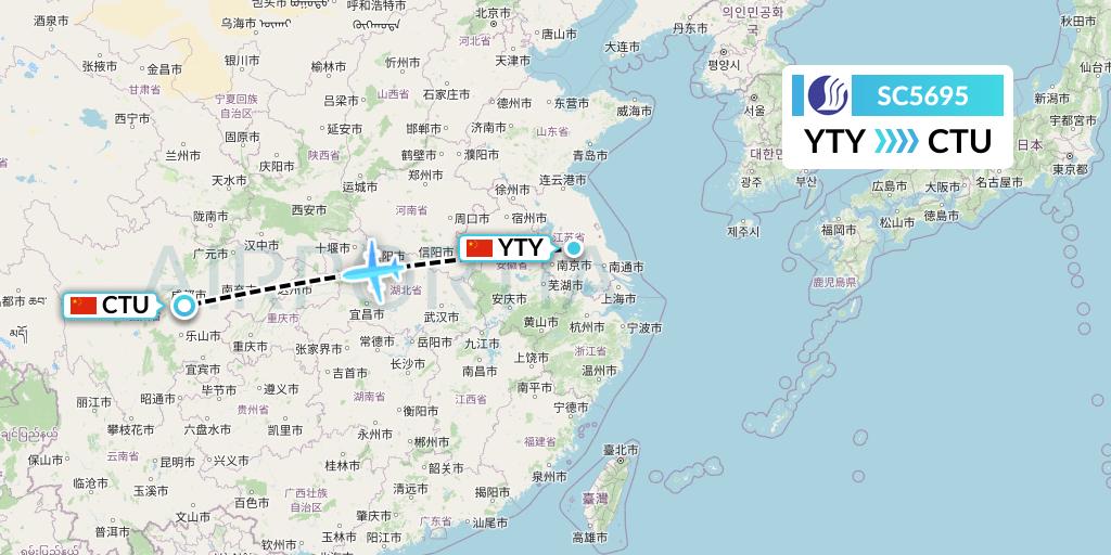 SC5695 Shandong Airlines Flight Map: Yangzhou to Chengdu