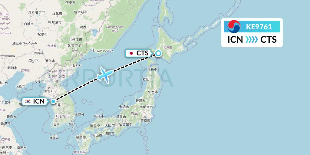 KE9761 Korean Air Flight Map: Seoul to Sapporo
