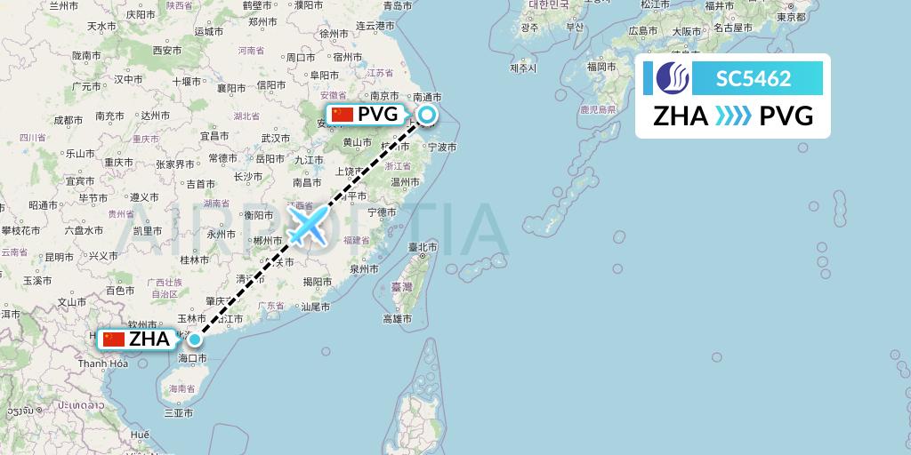 SC5462 Shandong Airlines Flight Map: Zhanjiang to Shanghai