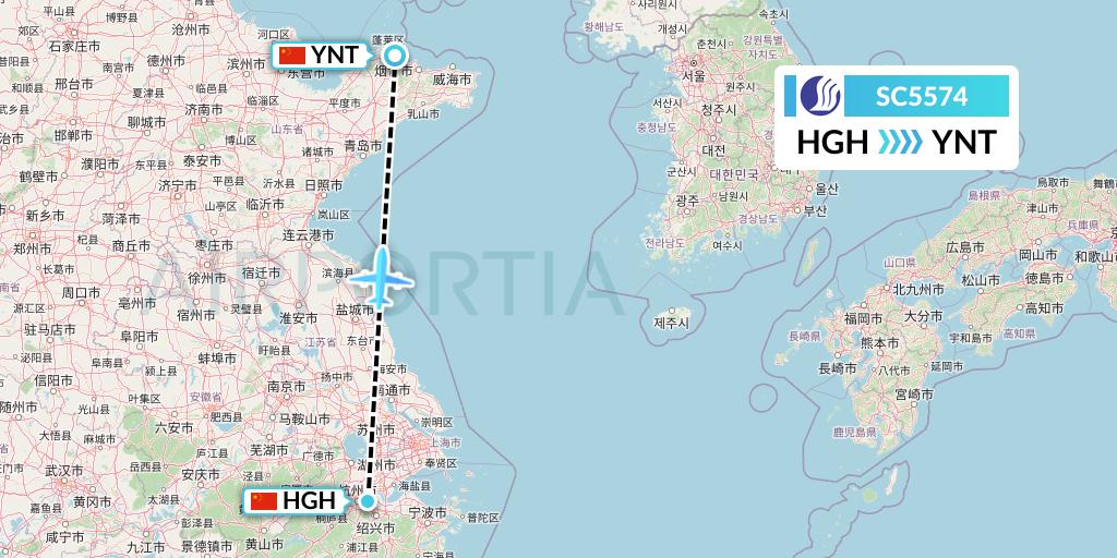 SC5574 Shandong Airlines Flight Map: Hangzhou to Yantai