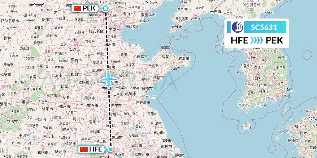SC5631 Shandong Airlines Flight Map: Hefei to Beijing